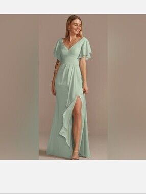 David’s Bridal Long Flutter Sleeve Bridesmaid Dress- Size 14 Dusty Sage